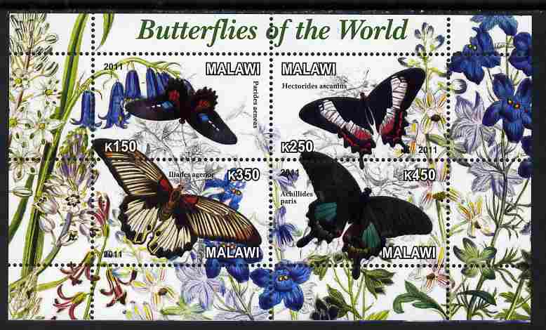 Malawi 2011 Butterflies of the World #3 perf sheetlet containing 4 values unmounted mint, stamps on , stamps on  stamps on butterflies