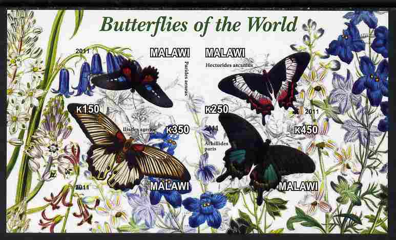 Malawi 2011 Butterflies of the World #3 imperf sheetlet containing 4 values unmounted mint, stamps on , stamps on  stamps on butterflies