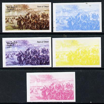 Oman 1974 Napoleon 10b (N at Ratisbon) set of 5 imperf progressive colour proofs comprising 3 individual colours (red, blue & yellow) plus 3 and all 4-colour composites unmounted mint, stamps on , stamps on  stamps on personalities     history   battles    militaria    napoleon  , stamps on  stamps on dictators.