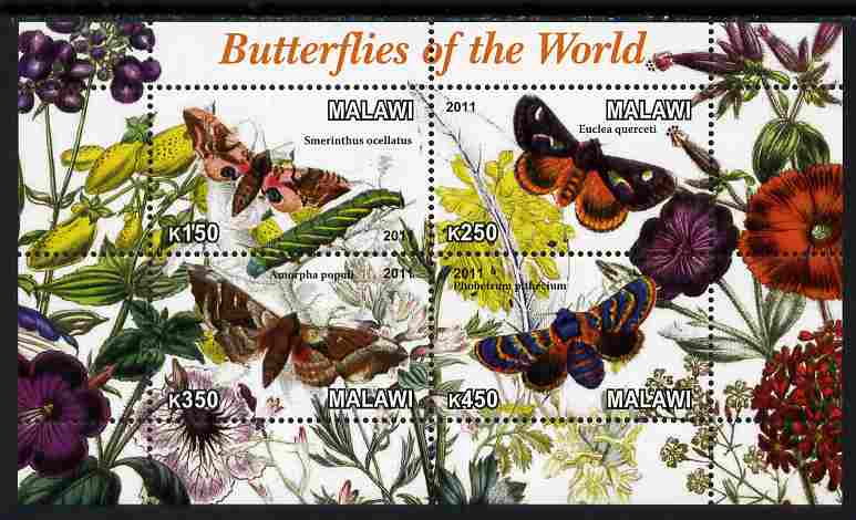 Malawi 2011 Butterflies of the World #4 perf sheetlet containing 4 values unmounted mint, stamps on , stamps on  stamps on butterflies