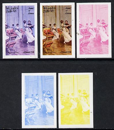 Oman 1974 Napoleon 15b (N at Compiegne) set of 5 imperf progressive colour proofs comprising 3 individual colours (red, blue & yellow) plus 3 and all 4-colour composites ..., stamps on personalities     history   dancing    napoleon  , stamps on dictators.