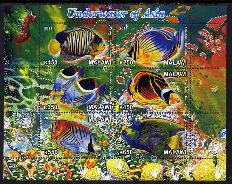 Malawi 2011 Fishes of Asia #1 perf sheetlet containing 6 values unmounted mint, stamps on fish, stamps on  marine life