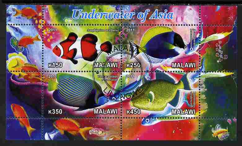 Malawi 2011 Fishes of Asia #2 perf sheetlet containing 4 values cto used, stamps on , stamps on  stamps on fish, stamps on  stamps on  marine life