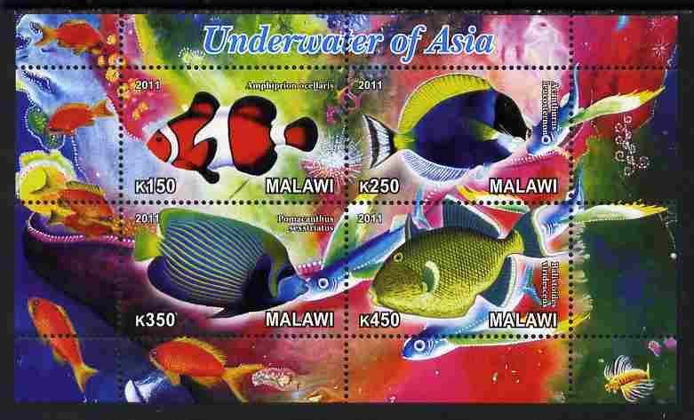 Malawi 2011 Fishes of Asia #2 perf sheetlet containing 4 values unmounted mint, stamps on fish, stamps on  marine life