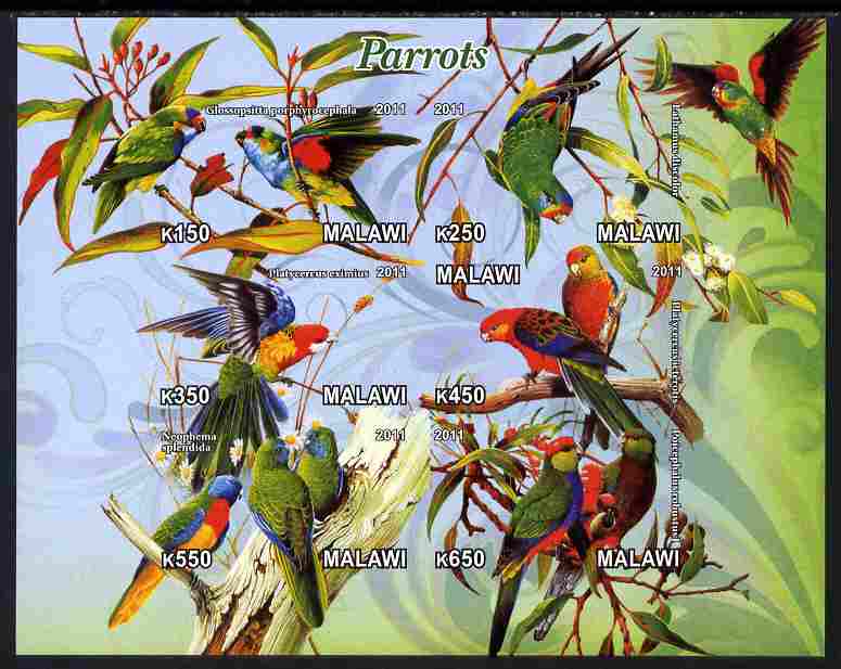 Malawi 2011 Parrots #1 imperf sheetlet containing 6 values unmounted mint, stamps on , stamps on  stamps on birds, stamps on  stamps on parrots