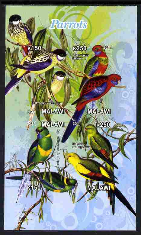 Malawi 2011 Parrots #2 imperf sheetlet containing 6 values unmounted mint, stamps on birds, stamps on parrots