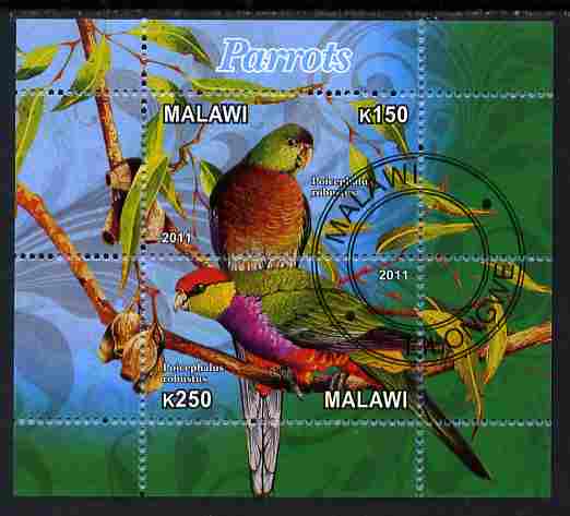 Malawi 2011 Parrots #3 perf sheetlet containing 2 values cto used, stamps on , stamps on  stamps on birds, stamps on  stamps on parrots