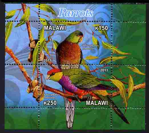 Malawi 2011 Parrots #3 perf sheetlet containing 2 values unmounted mint, stamps on birds, stamps on parrots