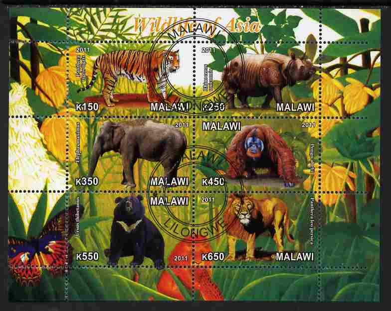 Malawi 2011 Wildlife of Asia #1 perf sheetlet containing 6 values cto used, stamps on , stamps on  stamps on animals, stamps on  stamps on elephants, stamps on  stamps on lions, stamps on  stamps on rhinos, stamps on  stamps on apes, stamps on  stamps on bears, stamps on  stamps on butterflies, stamps on  stamps on tigers