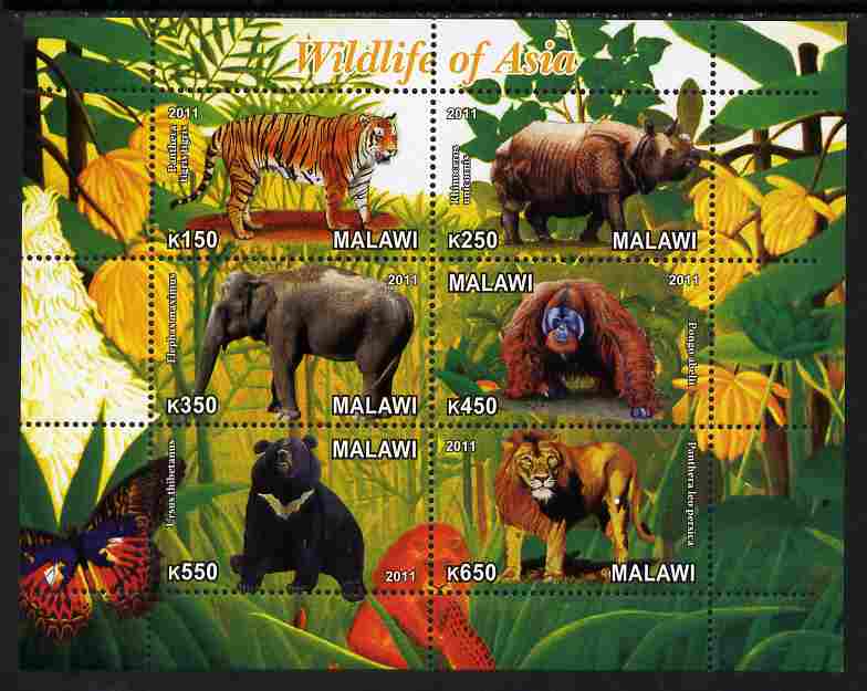 Malawi 2011 Wildlife of Asia #1 perf sheetlet containing 6 values unmounted mint, stamps on , stamps on  stamps on animals, stamps on  stamps on elephants, stamps on  stamps on lions, stamps on  stamps on rhinos, stamps on  stamps on apes, stamps on  stamps on bears, stamps on  stamps on butterflies, stamps on  stamps on tigers