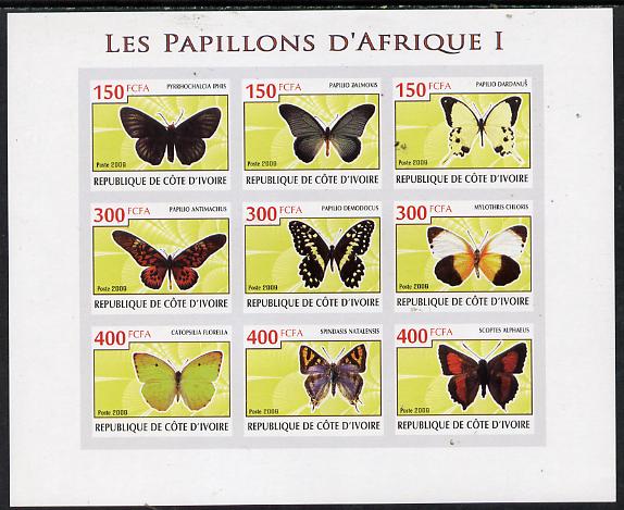 Ivory Coast 2009 Butterflies of Africa #1 imperf sheetlet containing 9 values unmounted mint, stamps on butterflies
