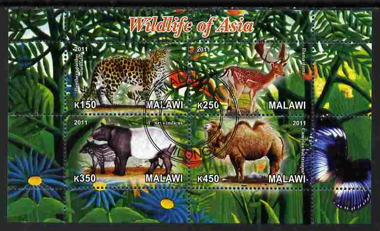 Malawi 2011 Wildlife of Asia #2 perf sheetlet containing 4 values cto used, stamps on animals, stamps on cats, stamps on camels, stamps on deer, stamps on tapir, stamps on leopards