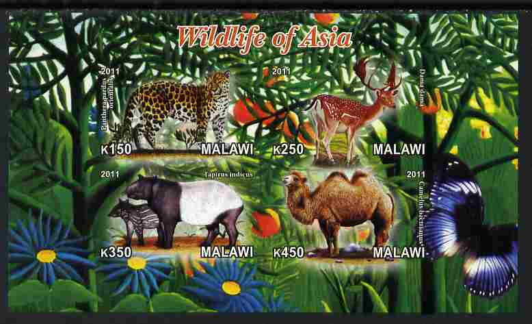 Malawi 2011 Wildlife of Asia #2 imperf sheetlet containing 4 values unmounted mint, stamps on animals, stamps on cats, stamps on camels, stamps on deer, stamps on tapir, stamps on leopards