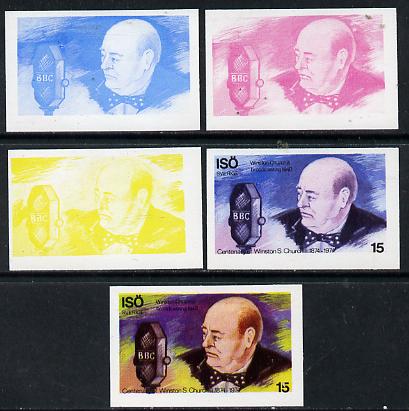 Iso - Sweden 1974 Churchill Birth Centenary 15 (Talking into Microphone) set of 5 imperf progressive colour proofs comprising 3 individual colours (red, blue & yellow) plus 3 and all 4-colour composites unmounted mint, stamps on personalities, stamps on churchill, stamps on constitutions, stamps on  ww2 , stamps on masonry, stamps on masonics, stamps on radio, stamps on microphone, stamps on  iso , stamps on 