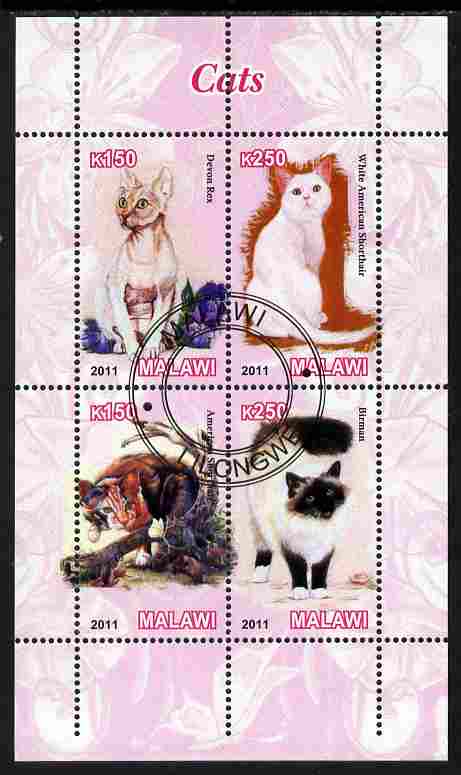 Malawi 2011 Domestic Cats perf sheetlet containing 4 values cto used, stamps on , stamps on  stamps on cats