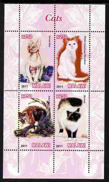 Malawi 2011 Domestic Cats perf sheetlet containing 4 values unmounted mint, stamps on cats