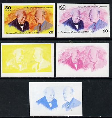 Iso - Sweden 1974 Churchill Birth Centenary 20 (with Pres Eisenhower) set of 5 imperf progressive colour proofs comprising 3 individual colours (red, blue & yellow) plus 3 and all 4-colour composites unmounted mint, stamps on personalities, stamps on churchill, stamps on constitutions, stamps on  ww2 , stamps on masonry, stamps on masonics, stamps on americana     usa-presidents, stamps on nato, stamps on bridge (card game), stamps on  iso , stamps on 
