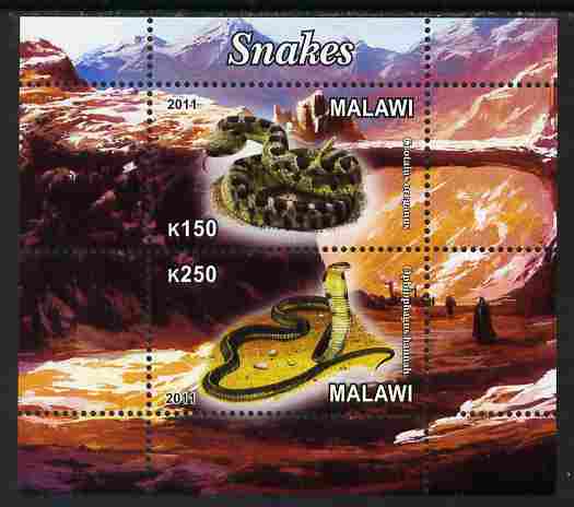 Malawi 2011 Snakes perf sheetlet containing 2 values unmounted mint, stamps on reptiles, stamps on snakes