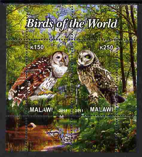 Malawi 2011 Birds of the World #3 - Owls perf sheetlet containing 2 values cto used, stamps on , stamps on  stamps on birds, stamps on  stamps on birds of prey, stamps on  stamps on owls