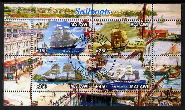 Malawi 2011 Tall Ships perf sheetlet containing 4 values cto used, stamps on ships, stamps on ports, stamps on harbours