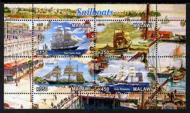 Malawi 2011 Tall Ships perf sheetlet containing 4 values unmounted mint, stamps on ships, stamps on ports, stamps on harbours