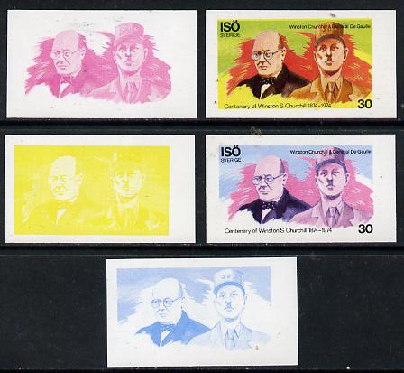 Iso - Sweden 1974 Churchill Birth Centenary 30 (with de Gaulle) set of 5 imperf progressive colour proofs comprising 3 individual colours (red, blue & yellow) plus 3 and all 4-colour composites unmounted mint, stamps on personalities, stamps on churchill, stamps on constitutions, stamps on  ww2 , stamps on masonry, stamps on masonics, stamps on de gaulle, stamps on  iso , stamps on , stamps on personalities, stamps on de gaulle, stamps on  ww1 , stamps on  ww2 , stamps on militaria