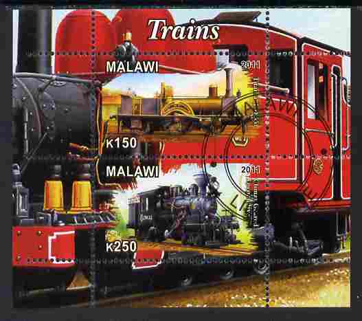 Malawi 2011 Steam Locomotives #2 perf sheetlet containing 2 values cto used, stamps on railways