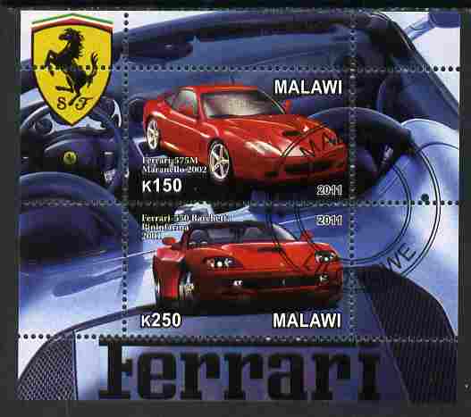 Malawi 2011 Ferrari #1 perf sheetlet containing 2 values cto used, stamps on , stamps on  stamps on cars, stamps on  stamps on ferrari