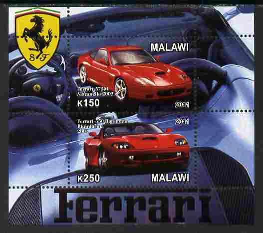 Malawi 2011 Ferrari #1 perf sheetlet containing 2 values unmounted mint, stamps on cars, stamps on ferrari