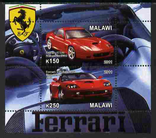 Malawi 2011 Ferrari #1 perf sheetlet containing 2 values unmounted mint, stamps on , stamps on  stamps on cars, stamps on  stamps on ferrari