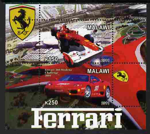 Malawi 2011 Ferrari #2 perf sheetlet containing 2 values unmounted mint, stamps on cars, stamps on ferrari