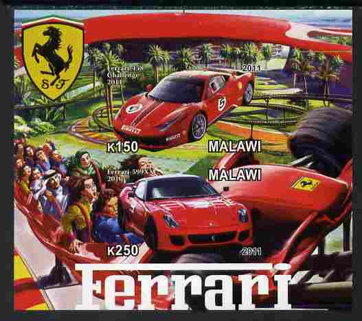 Malawi 2011 Ferrari #3 imperf sheetlet containing 2 values unmounted mint, stamps on , stamps on  stamps on cars, stamps on  stamps on ferrari