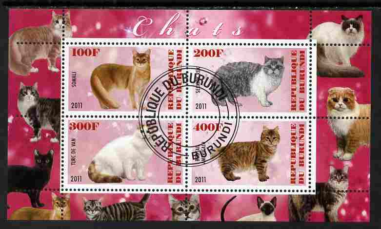 Burundi 2011 Domestic Cats #7 - cerise background perf sheetlet containing 4 values fine cto used, stamps on , stamps on  stamps on animals, stamps on  stamps on cats