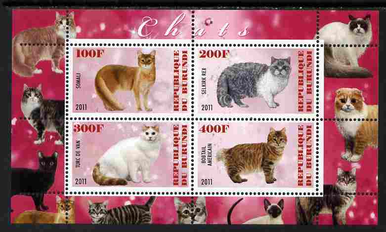 Burundi 2011 Domestic Cats #7 - cerise background perf sheetlet containing 4 values unmounted mint, stamps on animals, stamps on cats