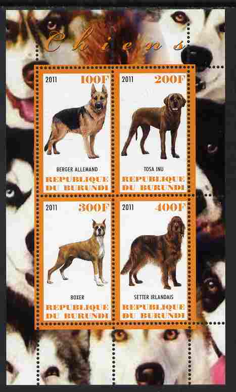 Burundi 2011 Dogs #2 - perf sheetlet containing 4 values unmounted mint, stamps on dogs