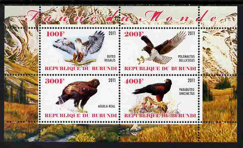 Burundi 2011 Birds of Prey perf sheetlet containing 4 values unmounted mint, stamps on , stamps on  stamps on birds, stamps on  stamps on birds of prey