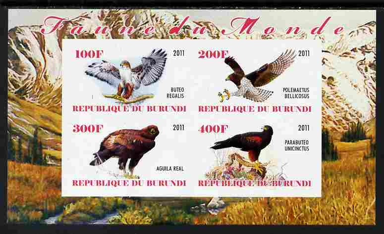 Burundi 2011 Birds of Prey imperf sheetlet containing 4 values unmounted mint, stamps on birds, stamps on birds of prey