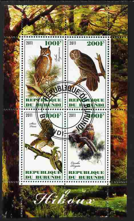 Burundi 2011 Owls perf sheetlet containing 4 values fine cto used, stamps on birds, stamps on birds of prey, stamps on owls