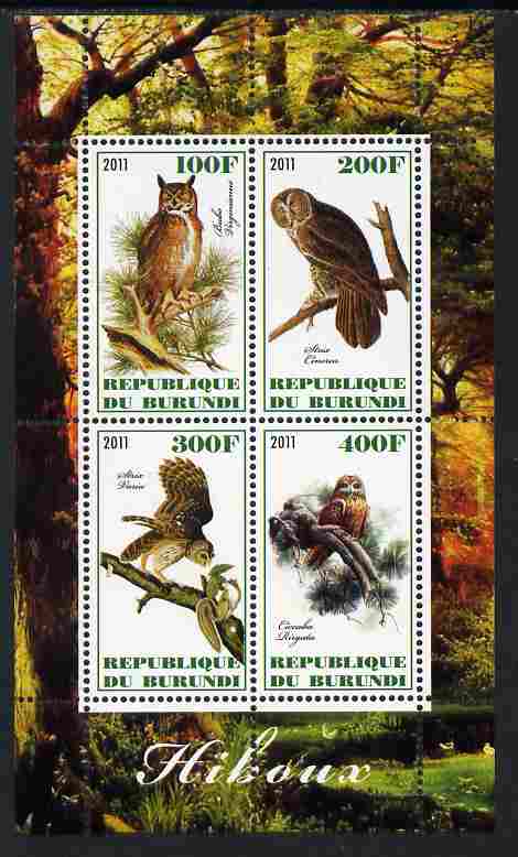 Burundi 2011 Owls perf sheetlet containing 4 values unmounted mint, stamps on birds, stamps on birds of prey, stamps on owls