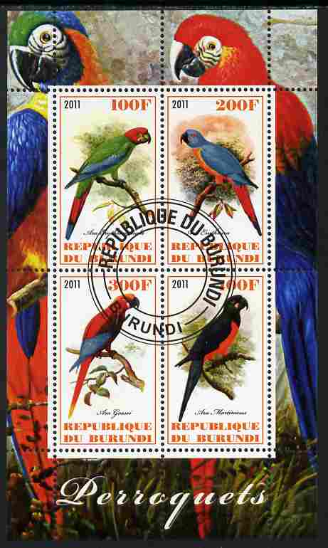 Burundi 2011 Parrots perf sheetlet containing 4 values fine cto used, stamps on birds, stamps on parrots