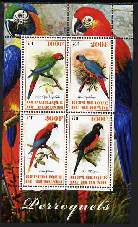 Burundi 2011 Parrots perf sheetlet containing 4 values unmounted mint, stamps on birds, stamps on parrots