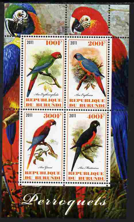 Burundi 2011 Parrots perf sheetlet containing 4 values unmounted mint, stamps on , stamps on  stamps on birds, stamps on  stamps on parrots