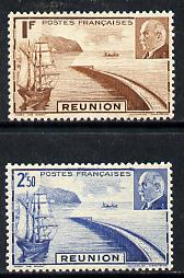 Reunion 1941 unissued 1f & 2f50 showing Roadstead, Ship & Petain (produced by Vichy Govt) unmounted mint*, stamps on ships    bridges    civil engineering       personalities  , stamps on dictators.