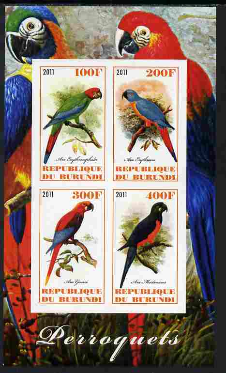 Burundi 2011 Parrots imperf sheetlet containing 4 values unmounted mint, stamps on , stamps on  stamps on birds, stamps on  stamps on parrots