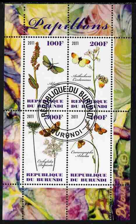 Burundi 2011 Butterflies #2 perf sheetlet containing 4 values fine cto used, stamps on butterflies