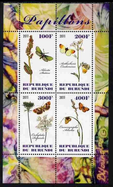 Burundi 2011 Butterflies #2 perf sheetlet containing 4 values unmounted mint, stamps on butterflies