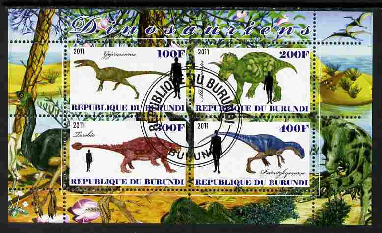 Burundi 2011 Dinosaurs #1 perf sheetlet containing 4 values fine cto used, stamps on dinosaurs