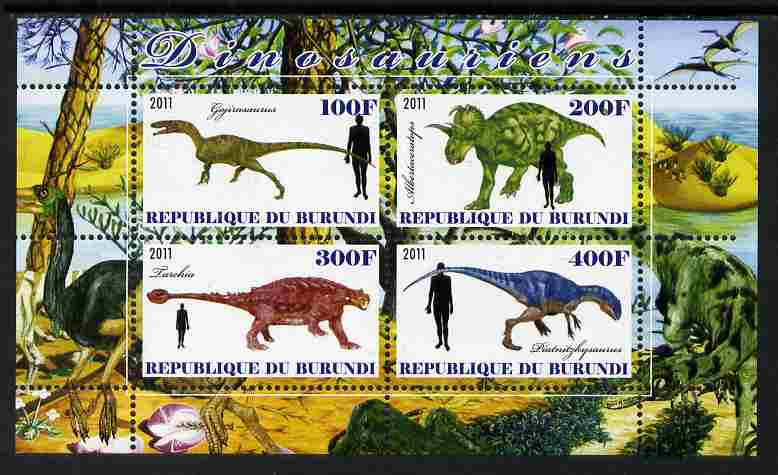 Burundi 2011 Dinosaurs #1 perf sheetlet containing 4 values unmounted mint, stamps on , stamps on  stamps on dinosaurs