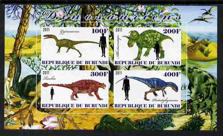 Burundi 2011 Dinosaurs #1 imperf sheetlet containing 4 values unmounted mint, stamps on , stamps on  stamps on dinosaurs