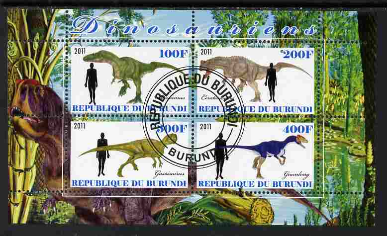 Burundi 2011 Dinosaurs #2 perf sheetlet containing 4 values fine cto used, stamps on dinosaurs